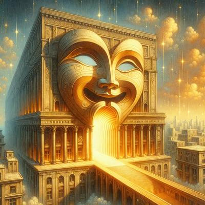 The primary subject of the image is a large, intricately carved wooden mask, which is prominently displayed on the side of a building. The mask is positioned in such a way that it appears to be peeking out from behind the building. The setting is a cityscape, with the mask towering over the surrounding buildings. The visual style of the image is a combination of digital art and illustration, creating a unique and captivating scene. The colors and mood of the image are vibrant and lively, with the mask serving as a focal point and drawing the viewer's attention.